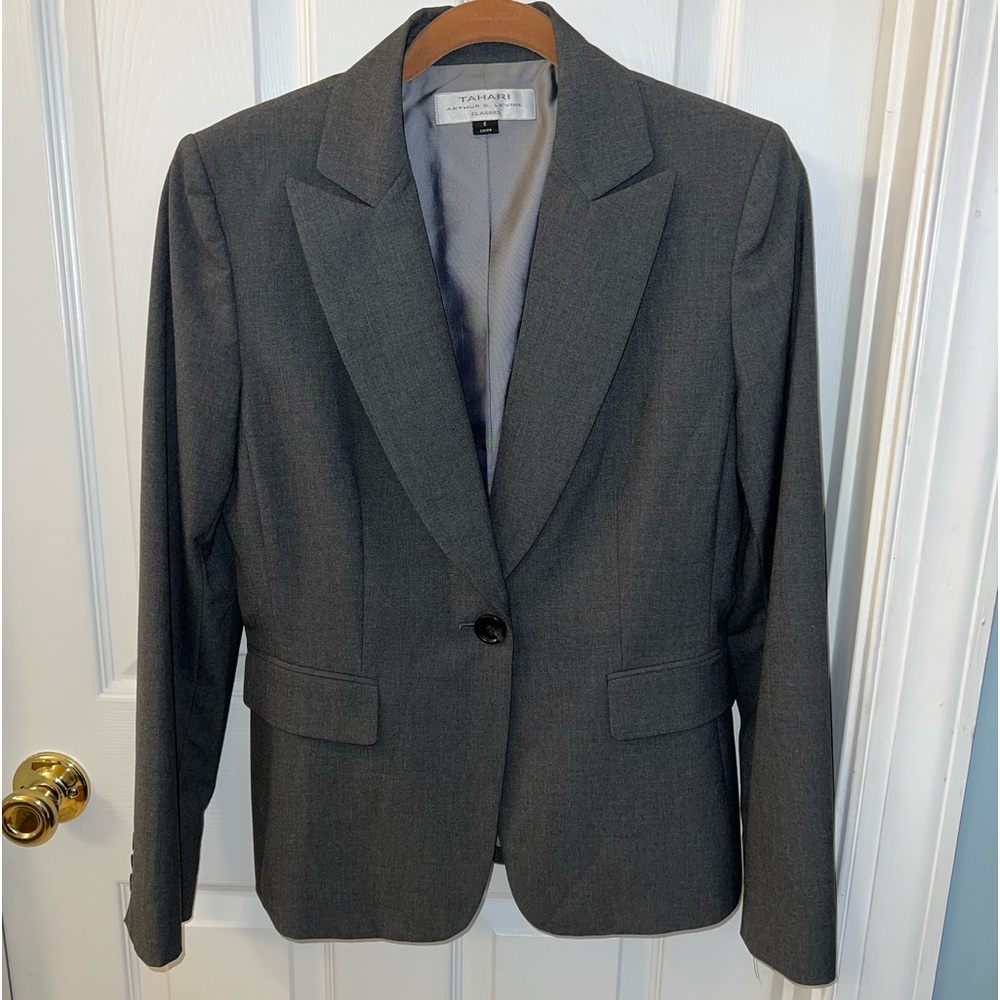 Tahari 1-Button Gray Lapel Blazer Jacket Sz 6